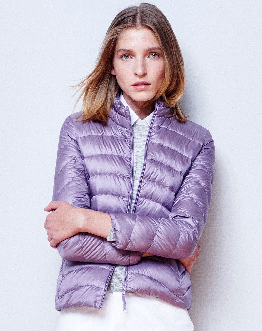 浅紫色轻薄欧美羽绒服