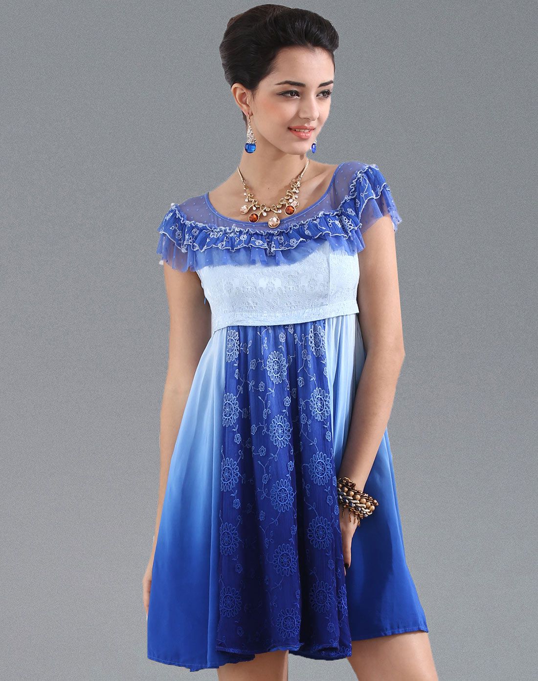 女蓝色欧美透视圆领蕾丝荷叶边渐变连衣裙