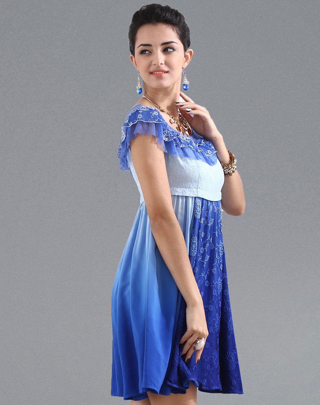 女蓝色欧美透视圆领蕾丝荷叶边渐变连衣裙