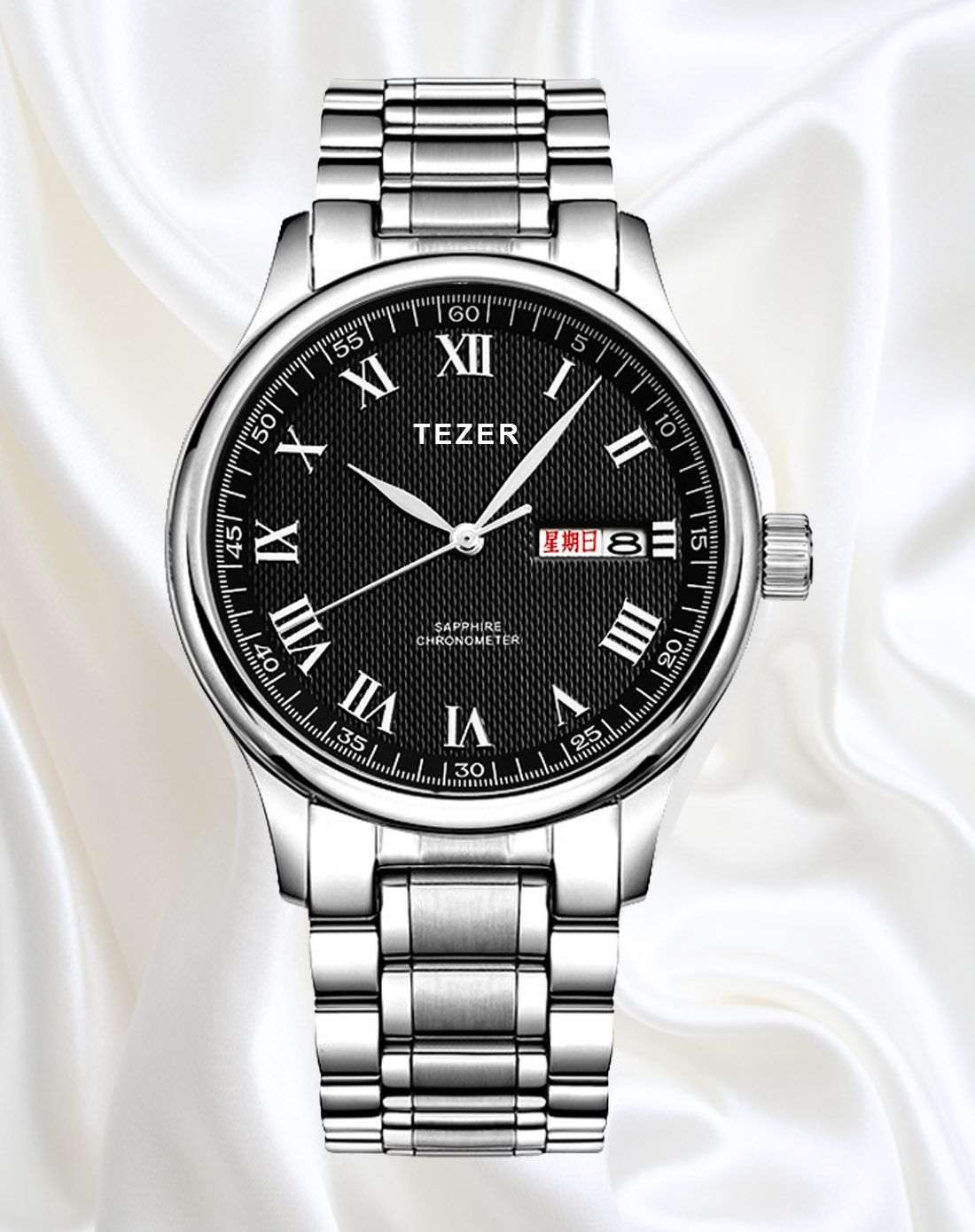 天时tezer 简欧商务精钢双日历石英男表黑罗钢