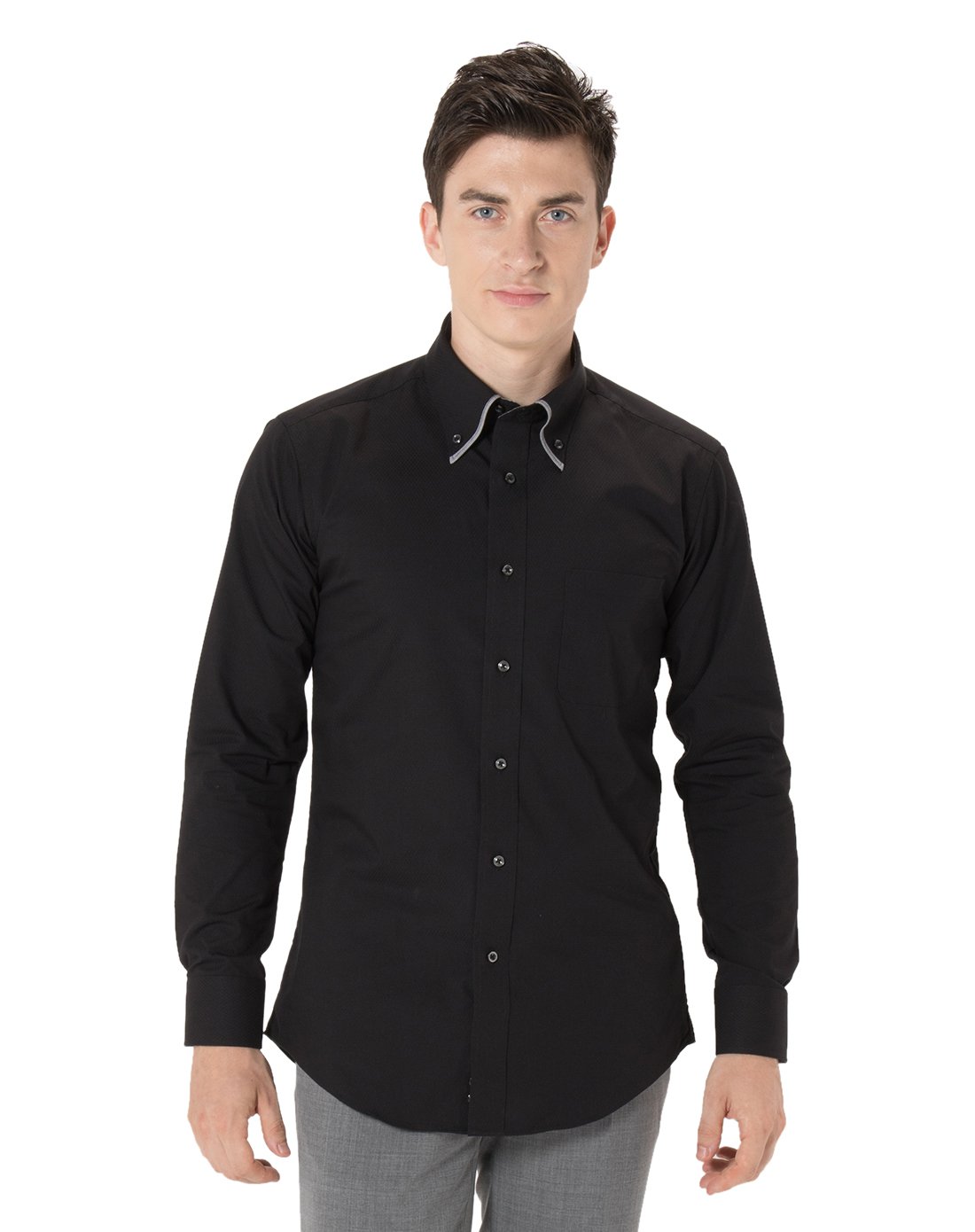 p.s.fa双色纽扣领菱形暗纹商务休闲衬衫