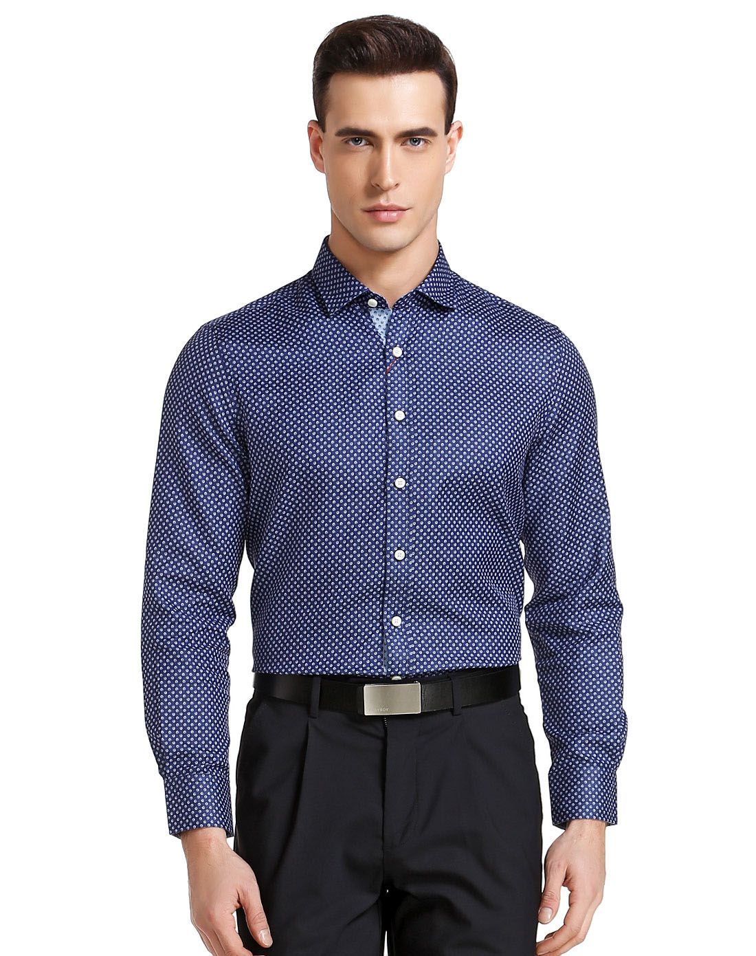 藏蓝/浅蓝色碎花休闲长袖衬衫