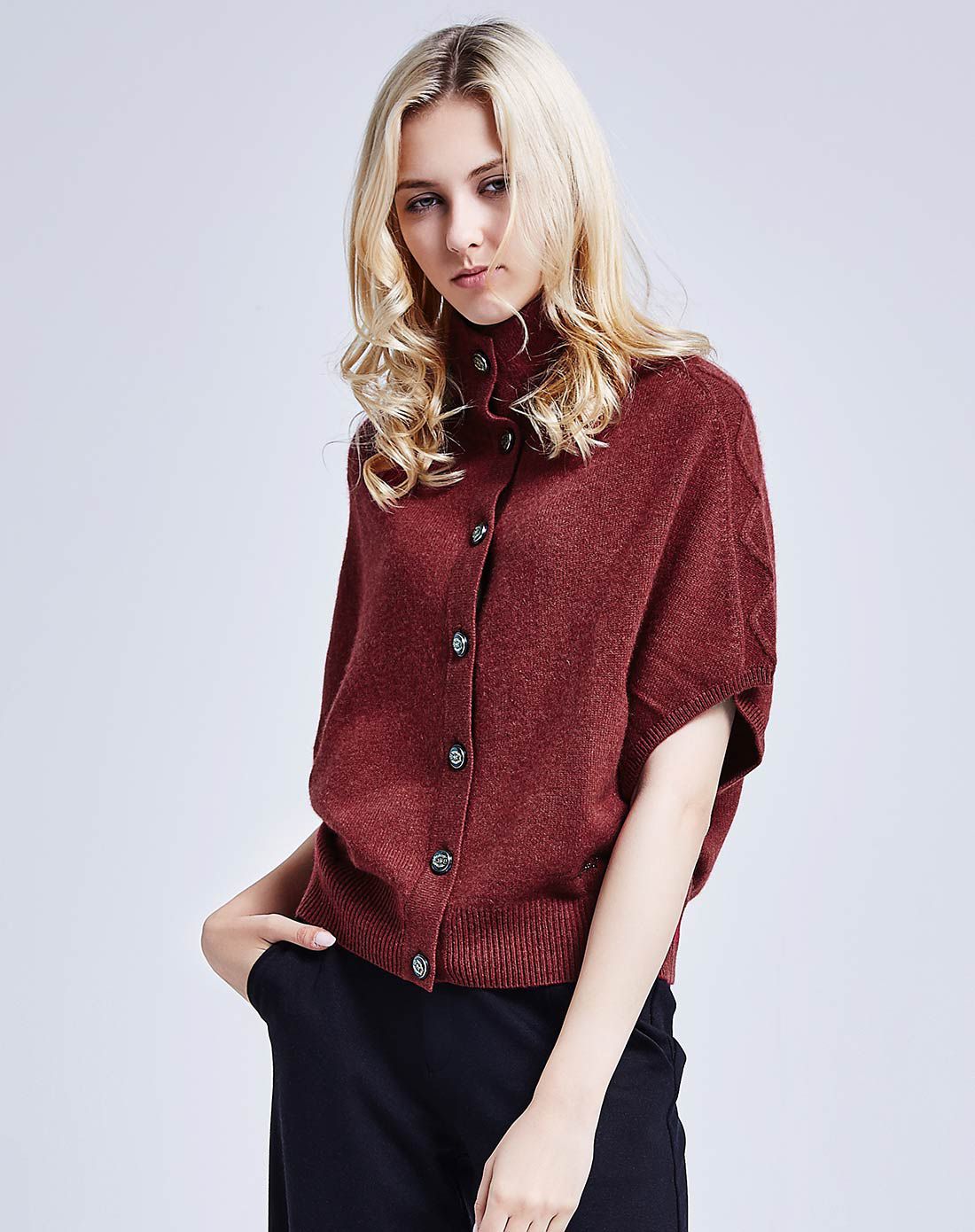 女款赤橙色短袖羊绒开衫