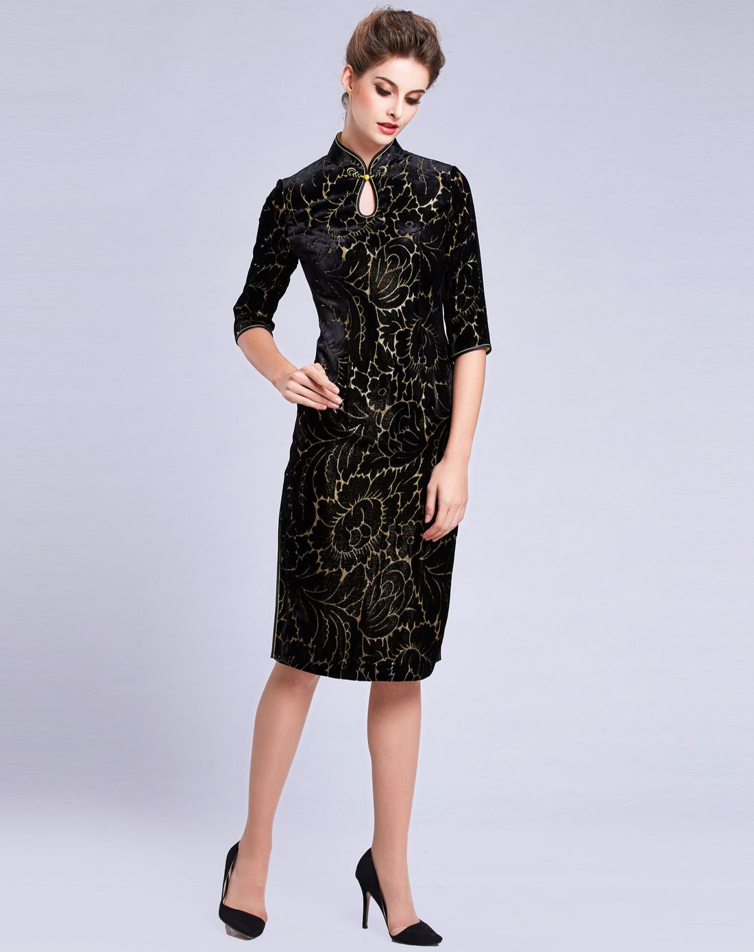 今典女款烂花丝绒旗袍q5s030999_唯品会