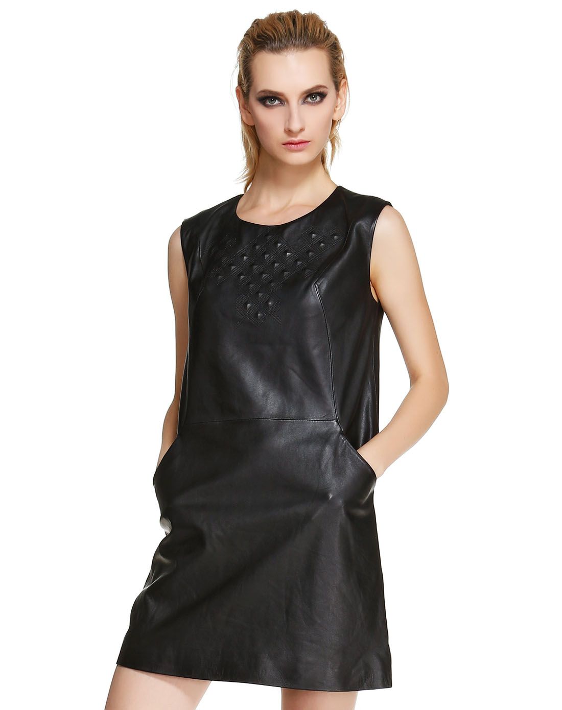 马天奴旗下女装皮草kodice黑色简洁休闲无袖皮连衣裙ksa203lc1-110