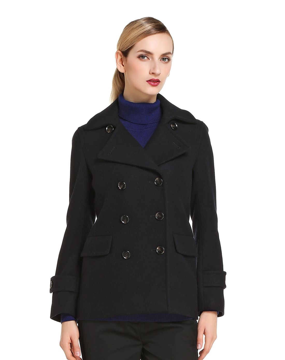 黑藏青色双排扣百搭长袖大衣