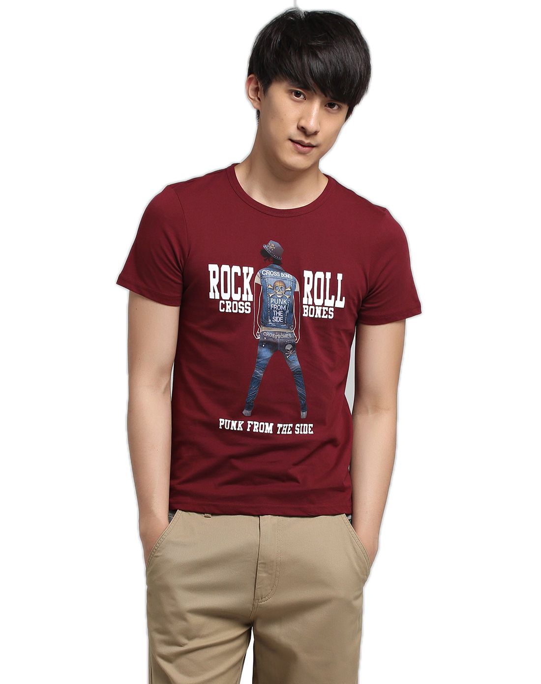 男士酒红色骷髅男孩t恤