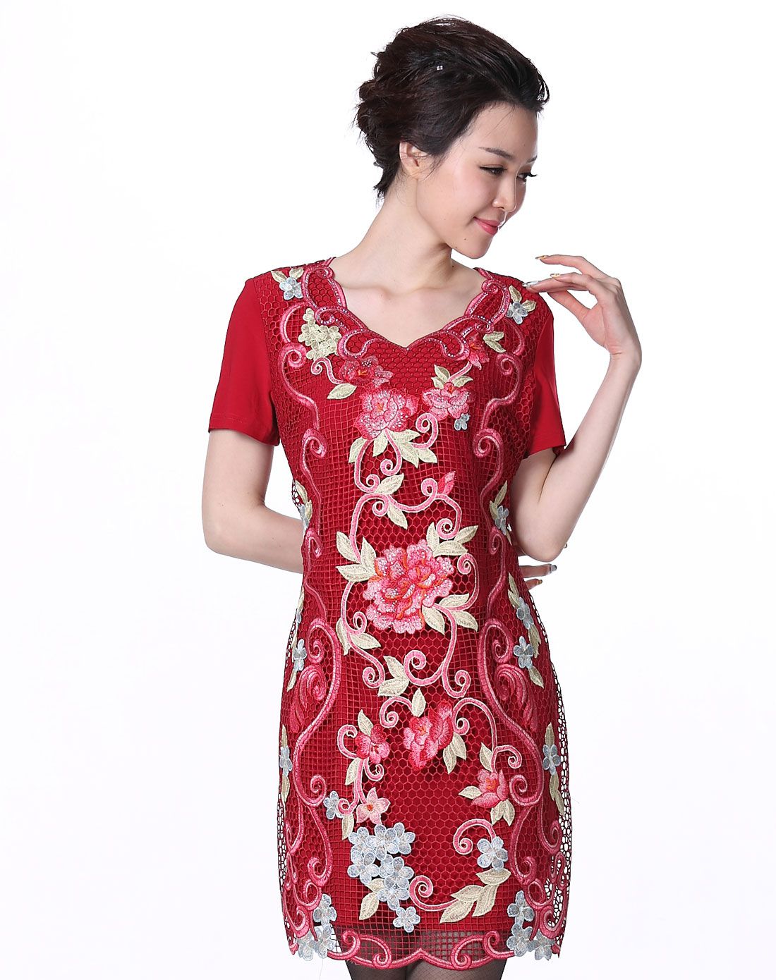 长款v领绣花连衣裙