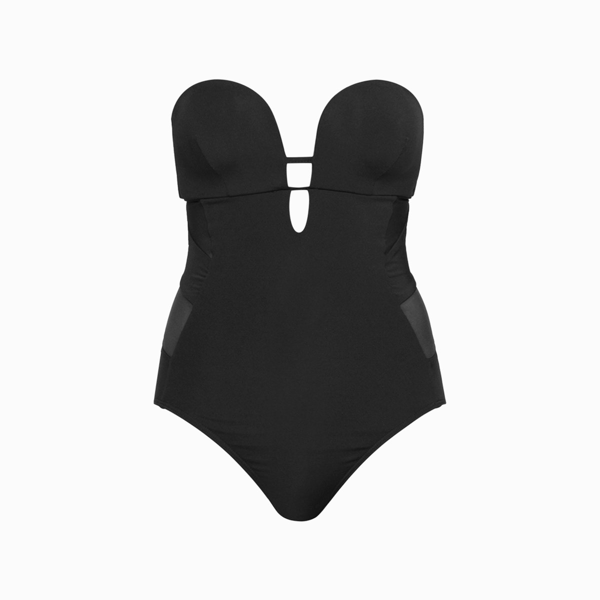 深v小间隔无肩带连体泳衣