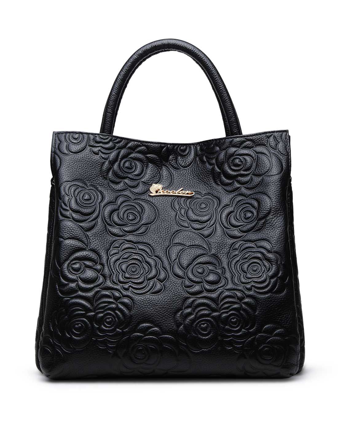 女款黑色牛皮革时尚压花纹手提包