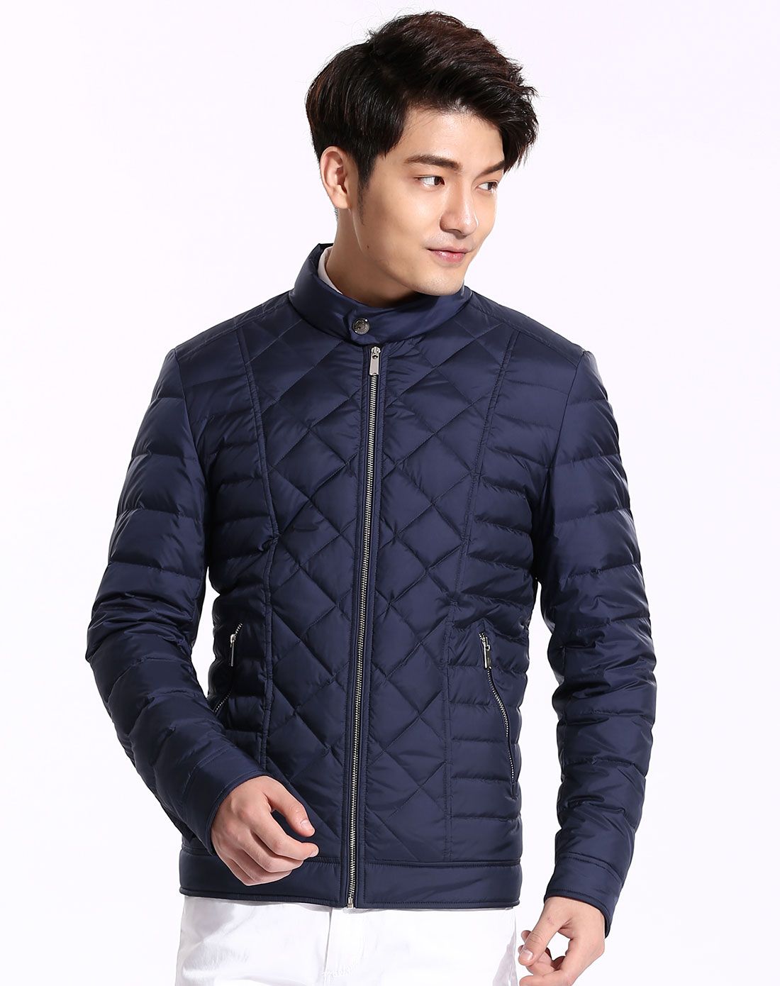 男士蓝黑色无帽立领短款羽绒服