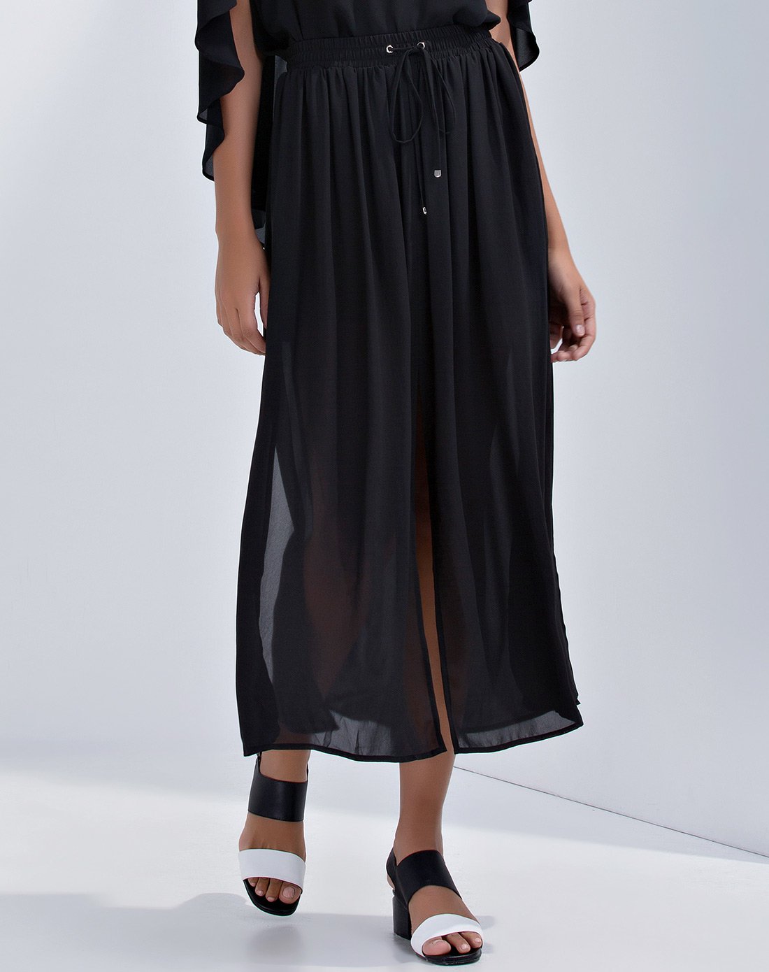 深黑堆褶开衩透视风半裙