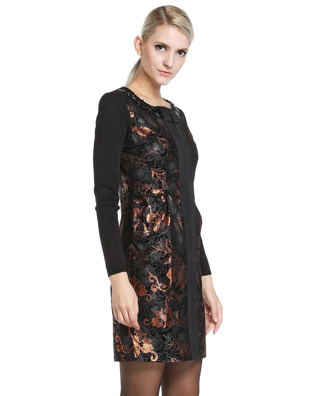 马天奴&阿丹娜女装马天奴黑/桔色优雅时尚皮连衣裙mdr0337201943_唯品