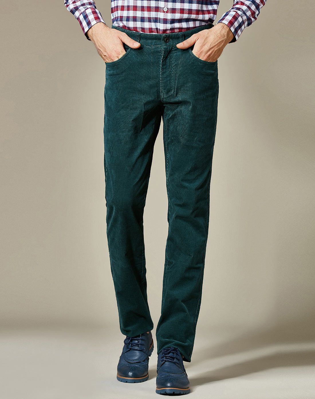 藏绿复古棉质中腰休闲裤