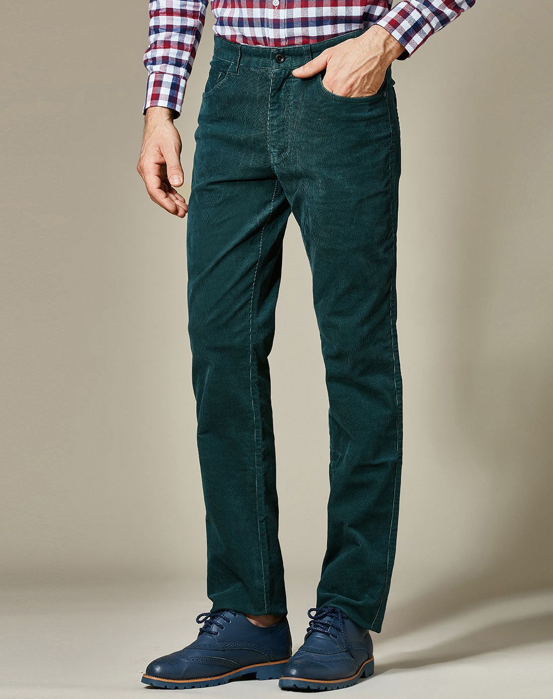 藏绿复古棉质中腰休闲裤