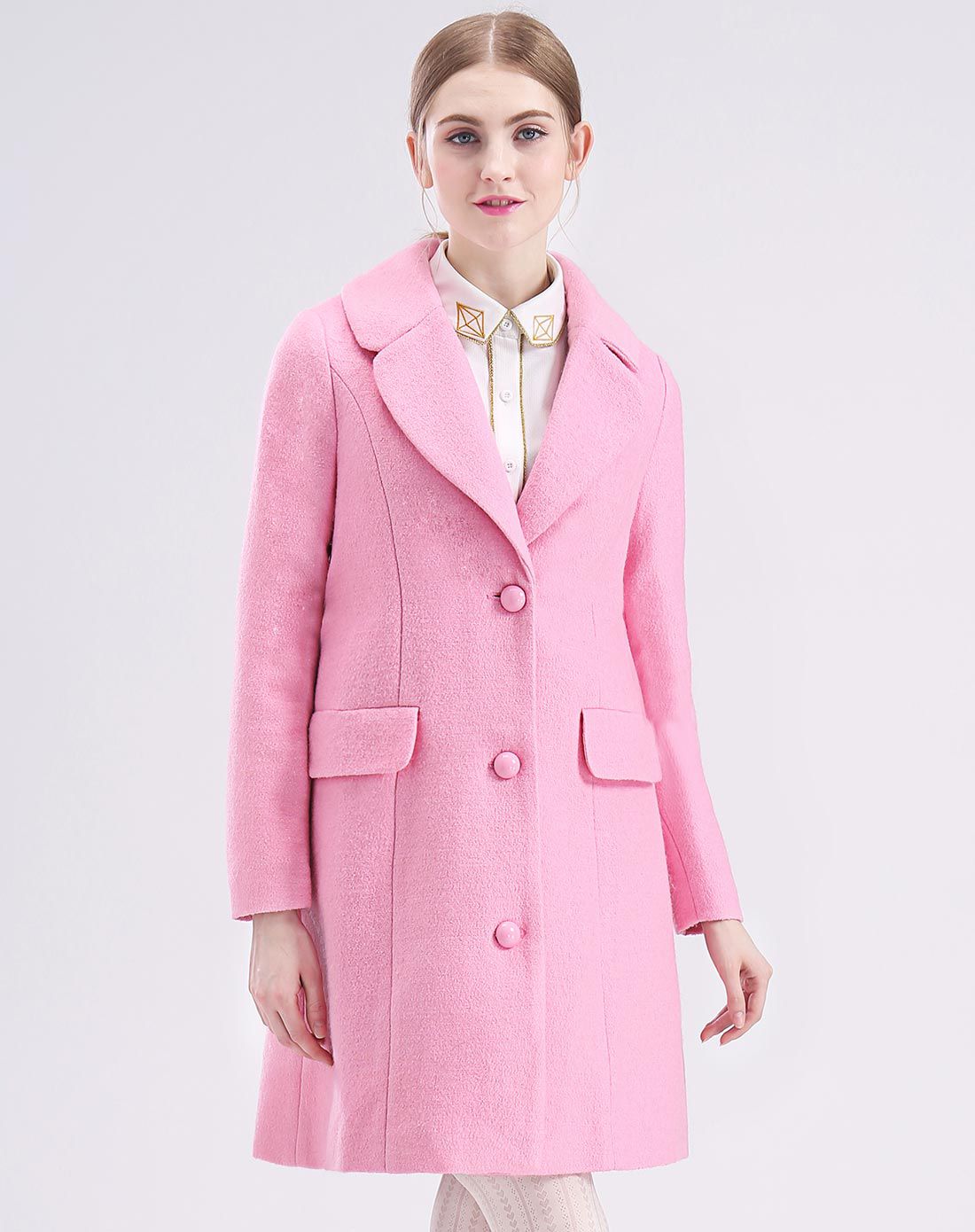 粉色中长款毛呢外套