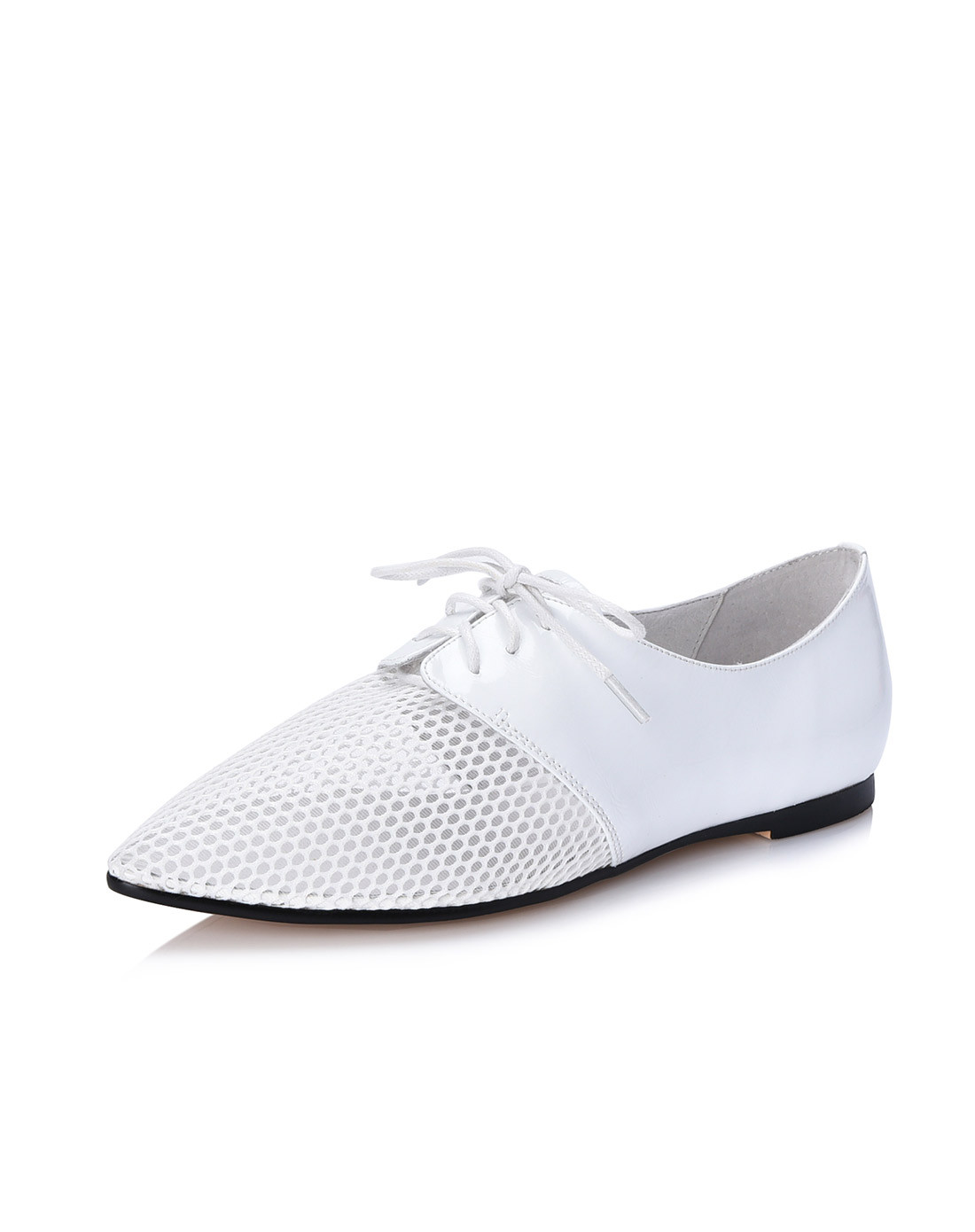 里外全皮白色牛漆皮拼接尖头平底凉鞋