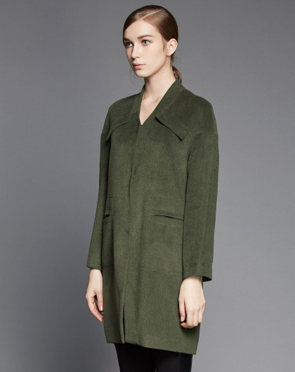 军绿色中长款v领时尚个性毛呢大衣