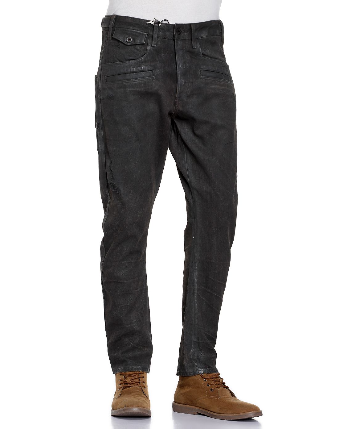 男款褐黑色潮流个性高腰牛仔长裤