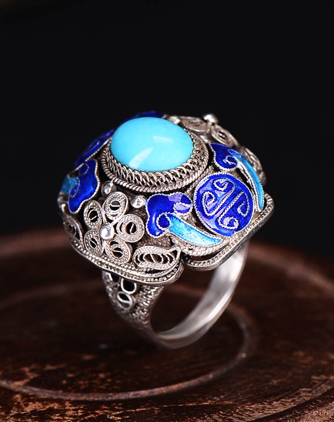 百年宝诚银饰专场非物质遗产传承手艺 银掐丝珐琅似水青金石花丝开口