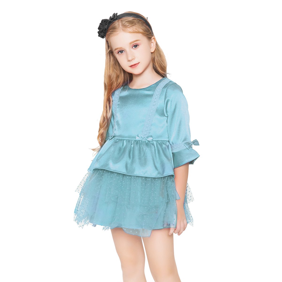 js童装宝宝女童蝴蝶结拼花边纱裙公主风春装公主风连衣裙