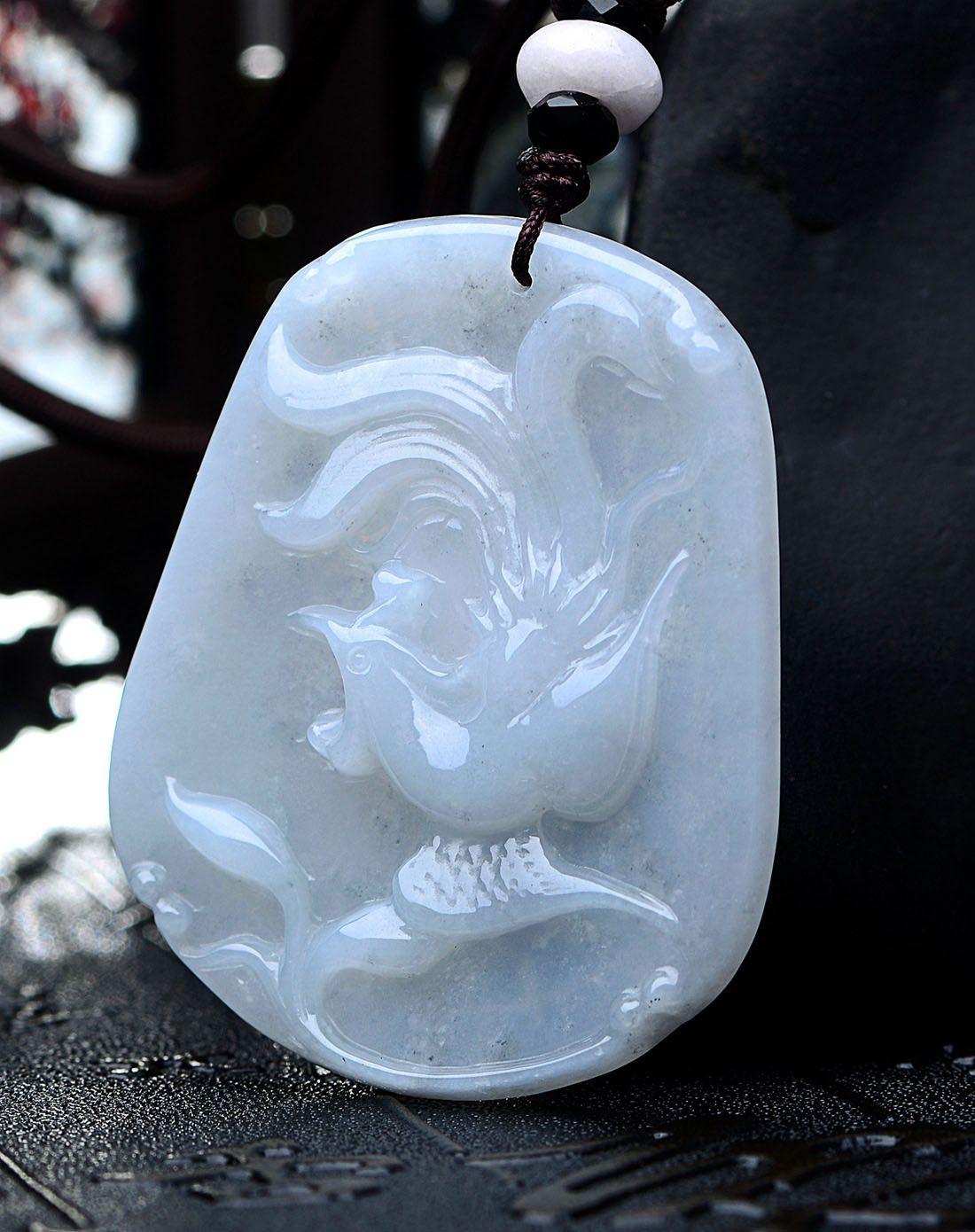 天然a货翡翠冰糯种盈白细腻丹凤来仪吊坠