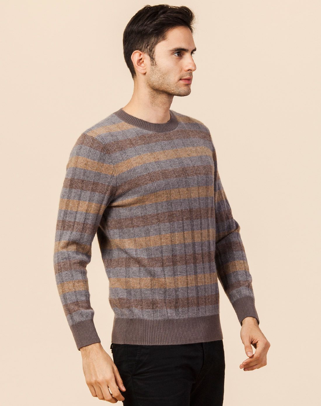 男摩卡棕100%山羊绒圆领男套衫