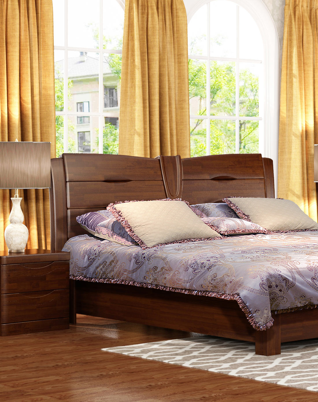 华日家居蝴蝶胡桃楸木箱体床 床头柜*2 床垫