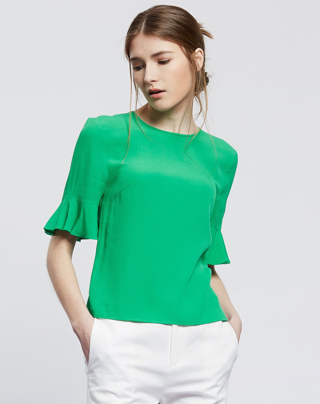 翠绿荷叶袖t恤