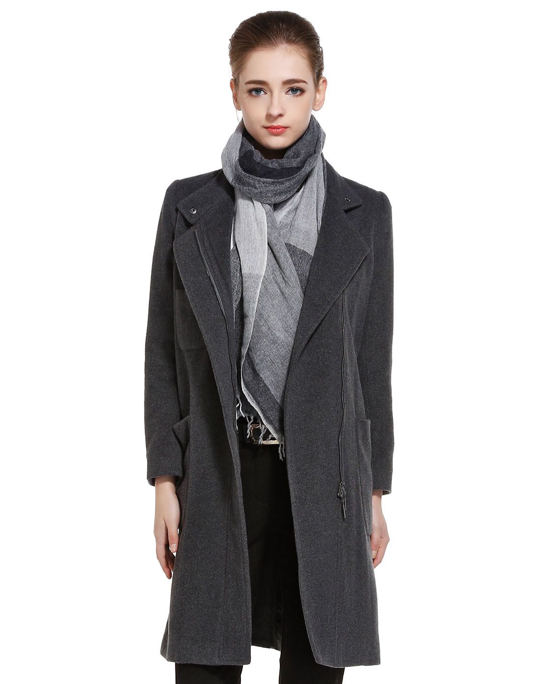 深灰色个性魅力长袖长款毛呢大衣