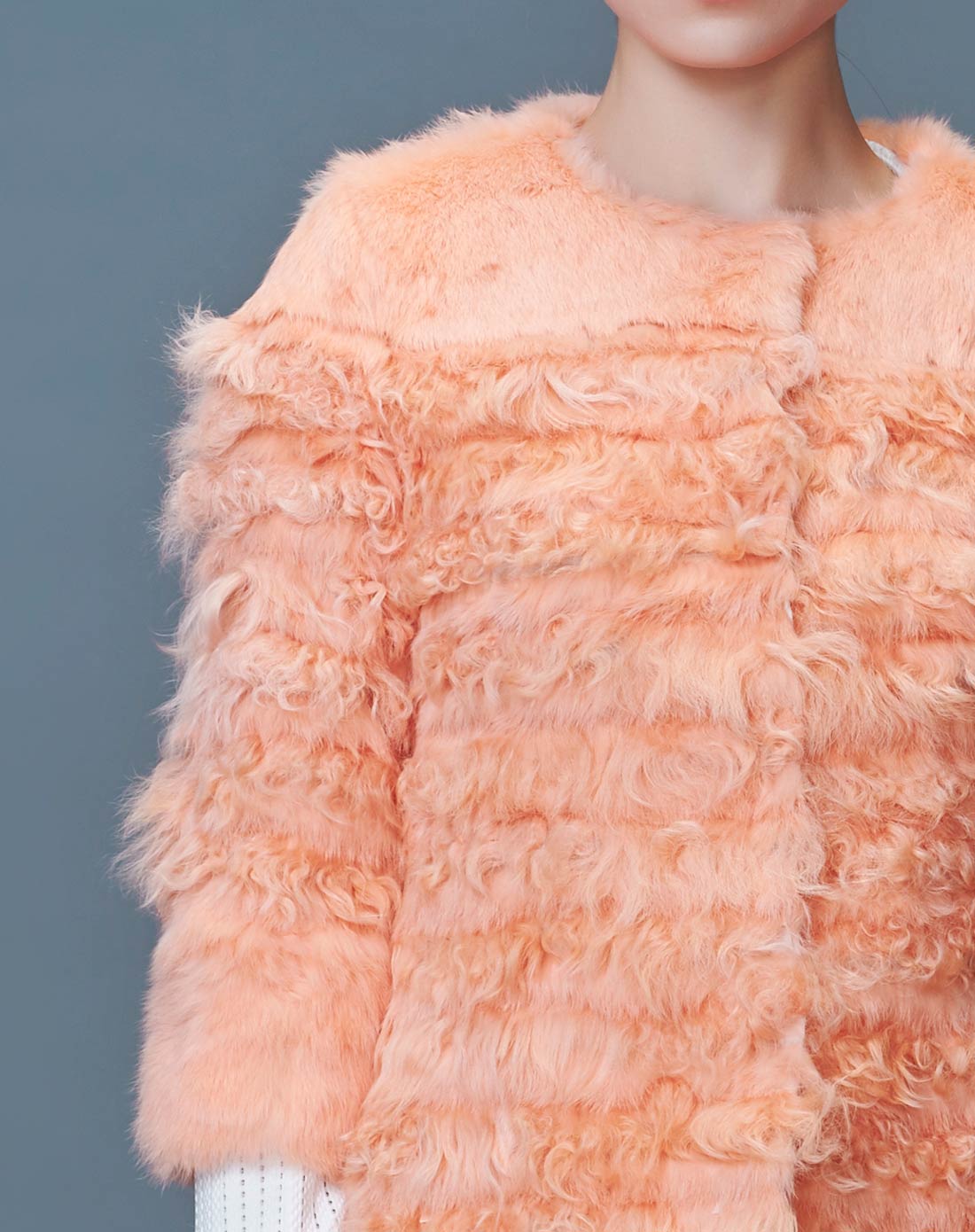 女款橘粉色基础圆领兔毛短款皮草外套