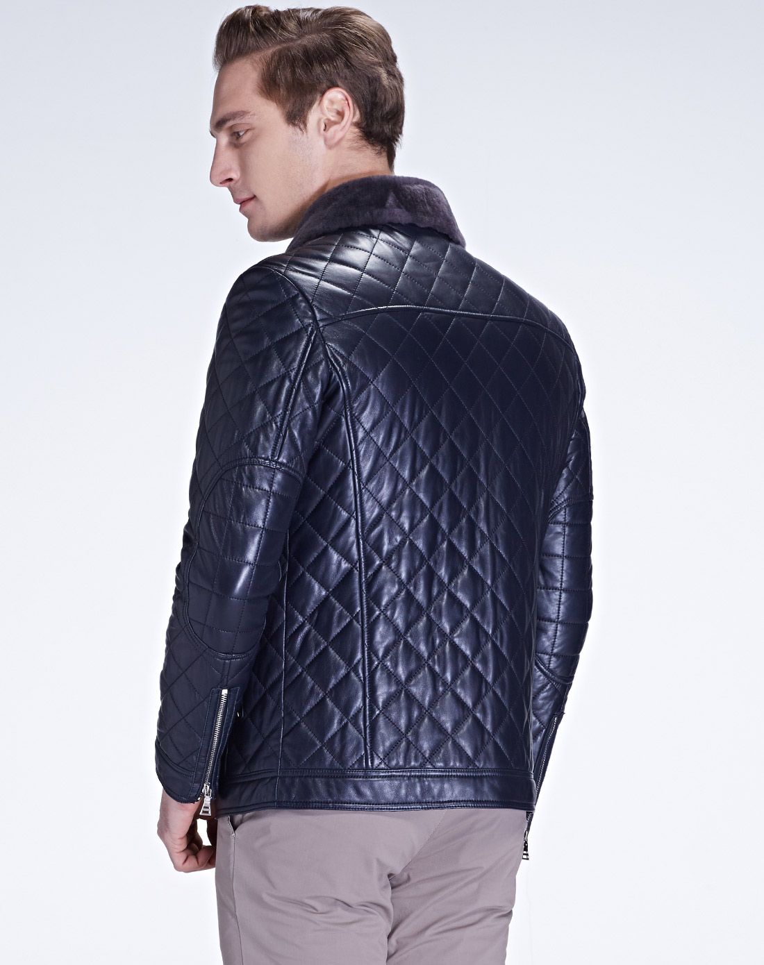 蓝色翻毛领保暖羊皮外套