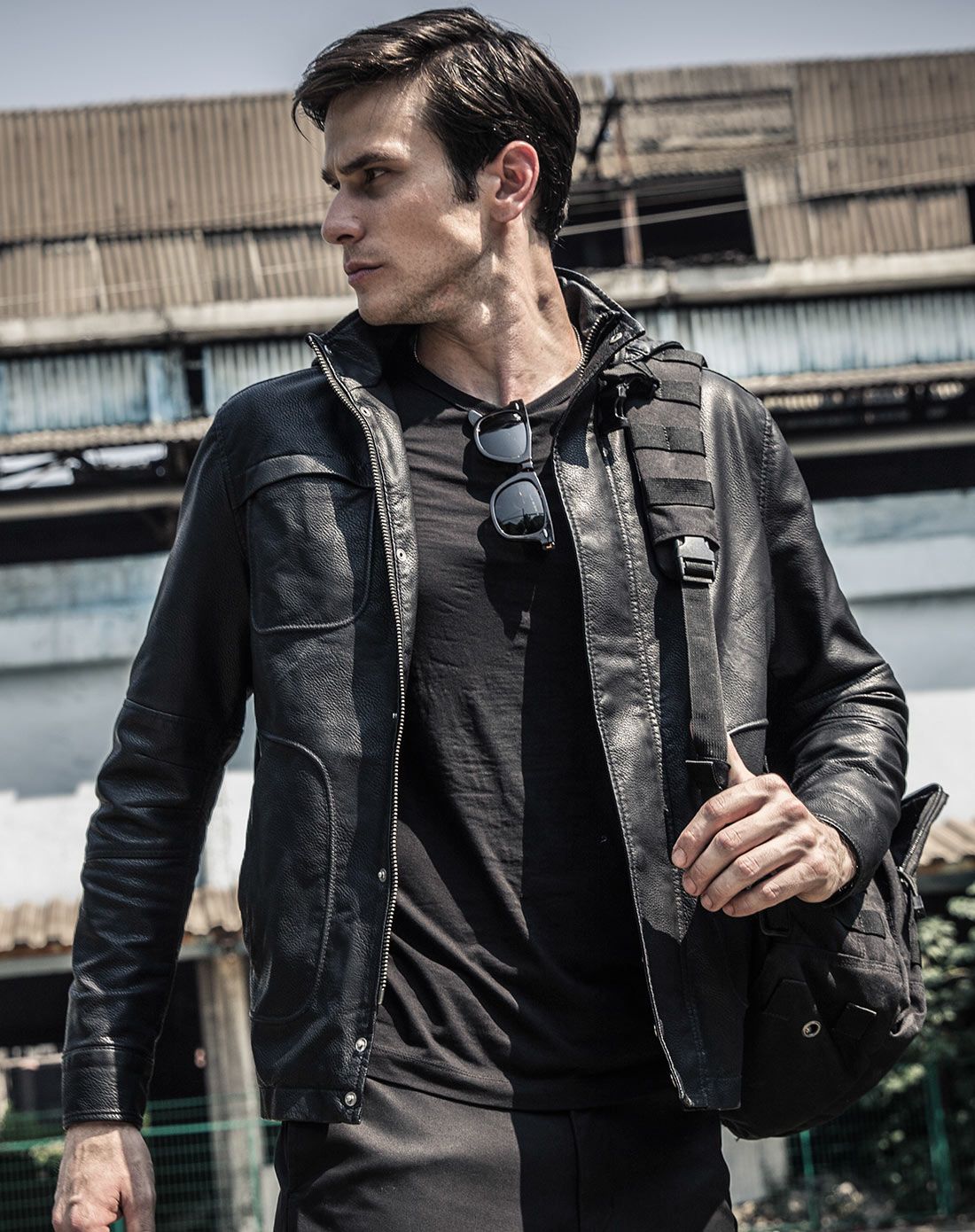 男黑色碟中谍特工连帽皮衣