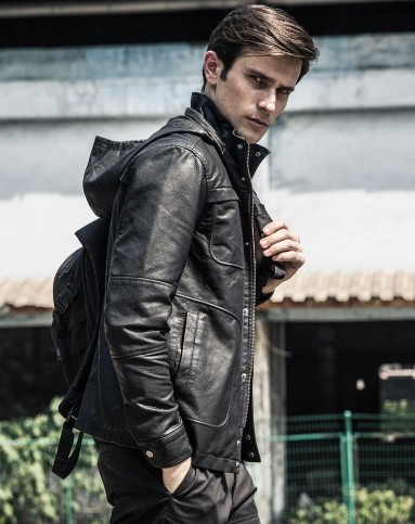 男黑色碟中谍特工连帽皮衣