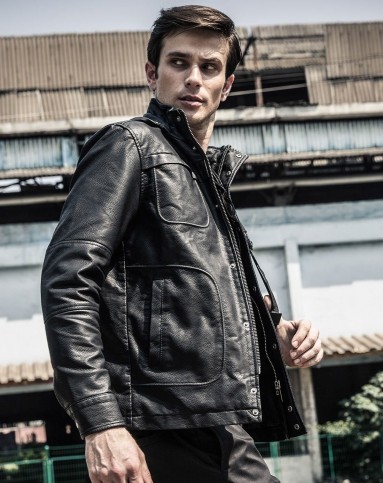 男黑色碟中谍特工连帽皮衣