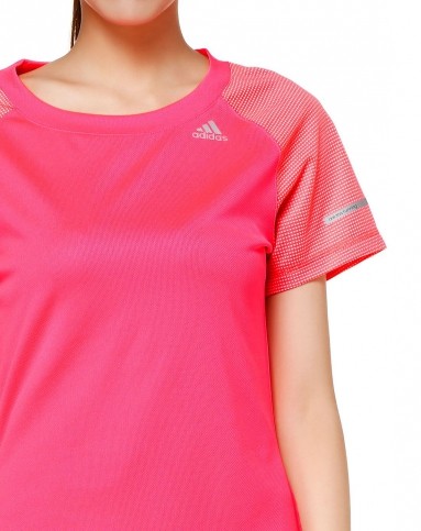 轻薄快干 女款荧光红色圆领短袖t恤 拼接自然