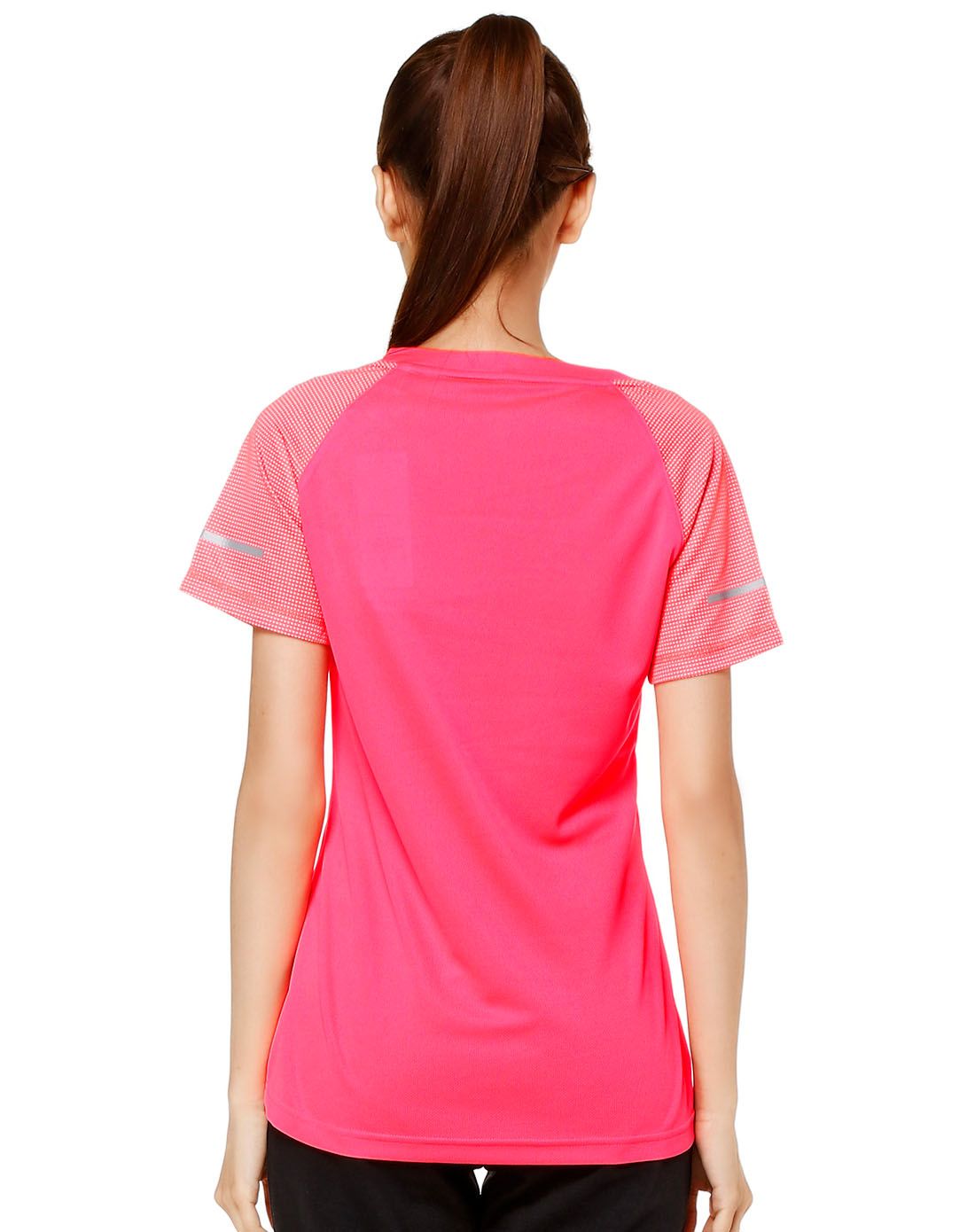 轻薄快干 女款荧光红色圆领短袖t恤 拼接自然