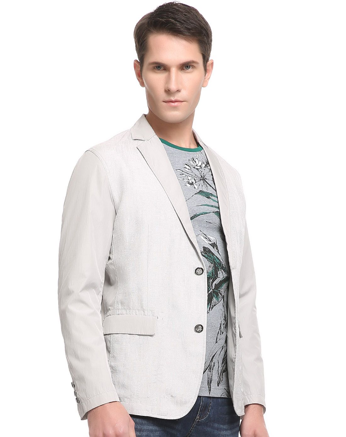 桑蚕丝亚麻混纺拼接工艺浅灰时尚轻薄半里单西装