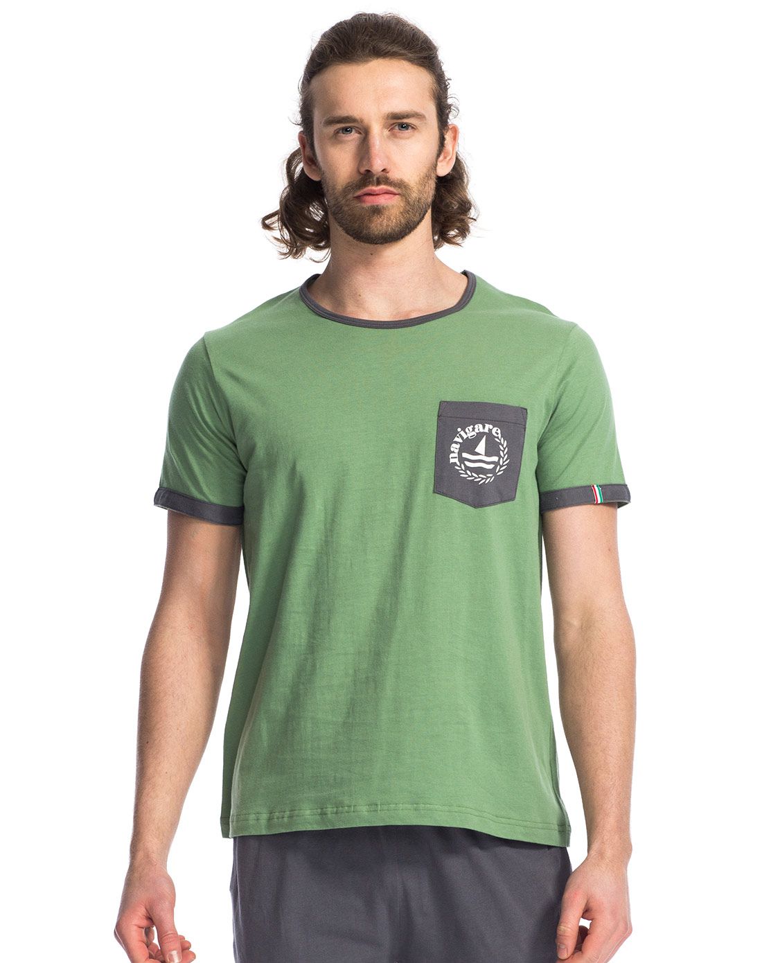 男款橄榄绿舒肤棉印花圆领短袖衫