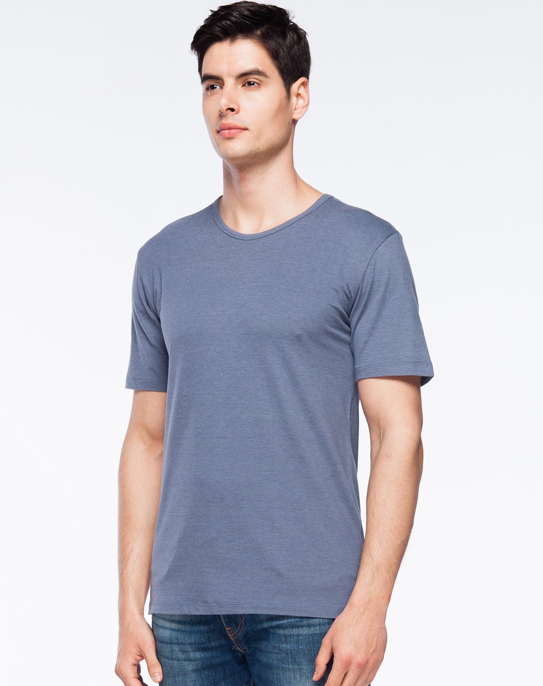 蓝灰色天丝棉珠地圆领吸湿丝滑短袖t恤