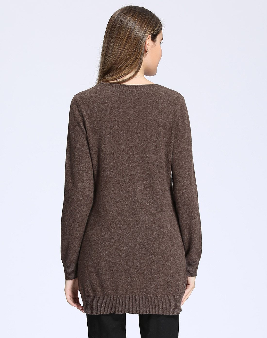 女款熟褐圆领中长套衫