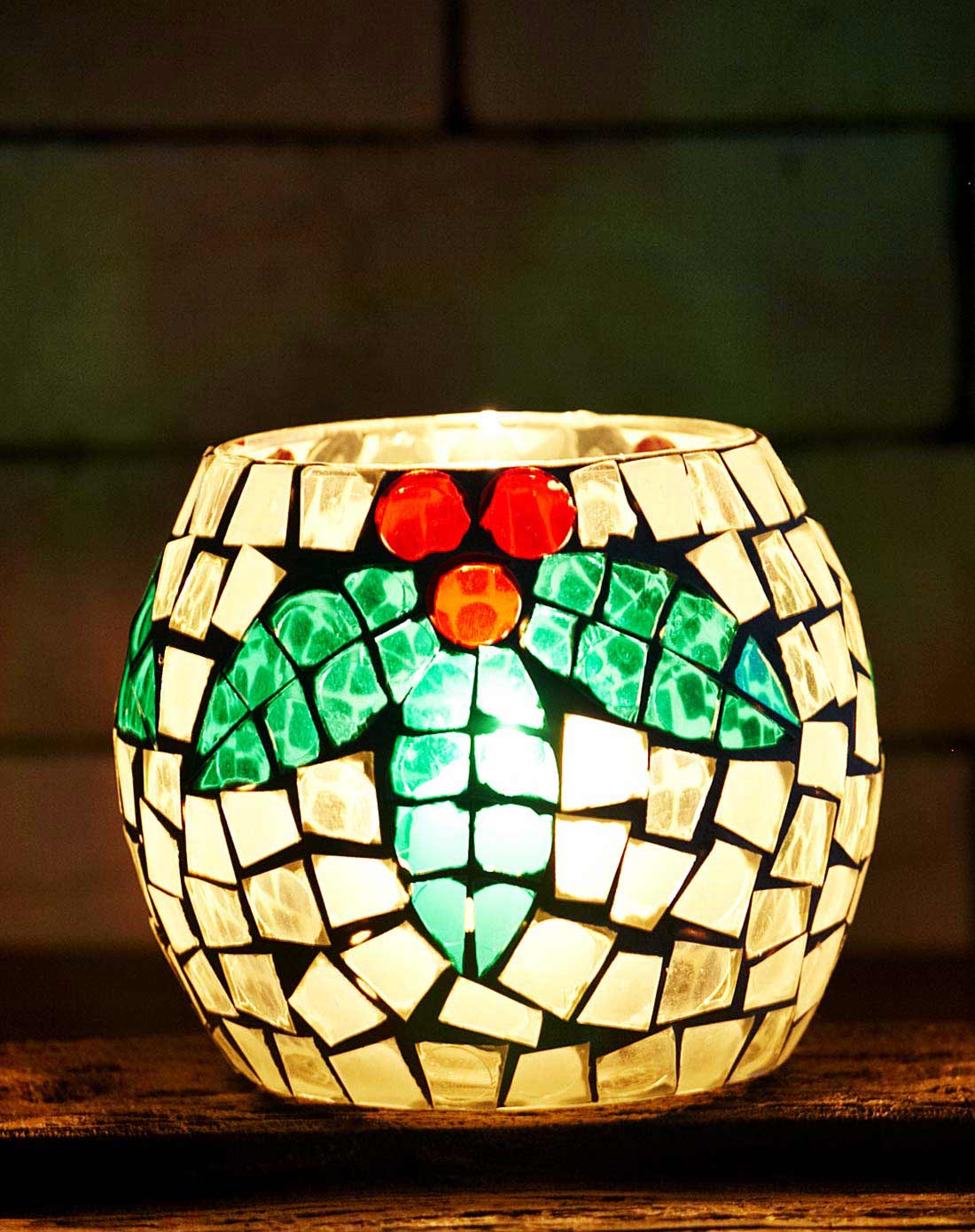 特价红绿变奏手工马赛克玻璃圆烛台