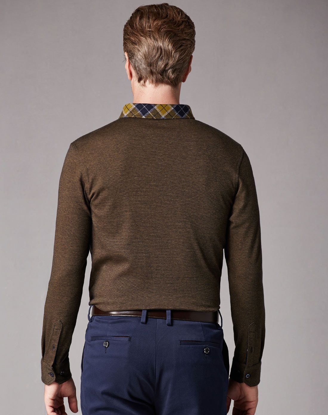 绿咖色舒适亲肤芝麻点格纹纯棉翻领t恤