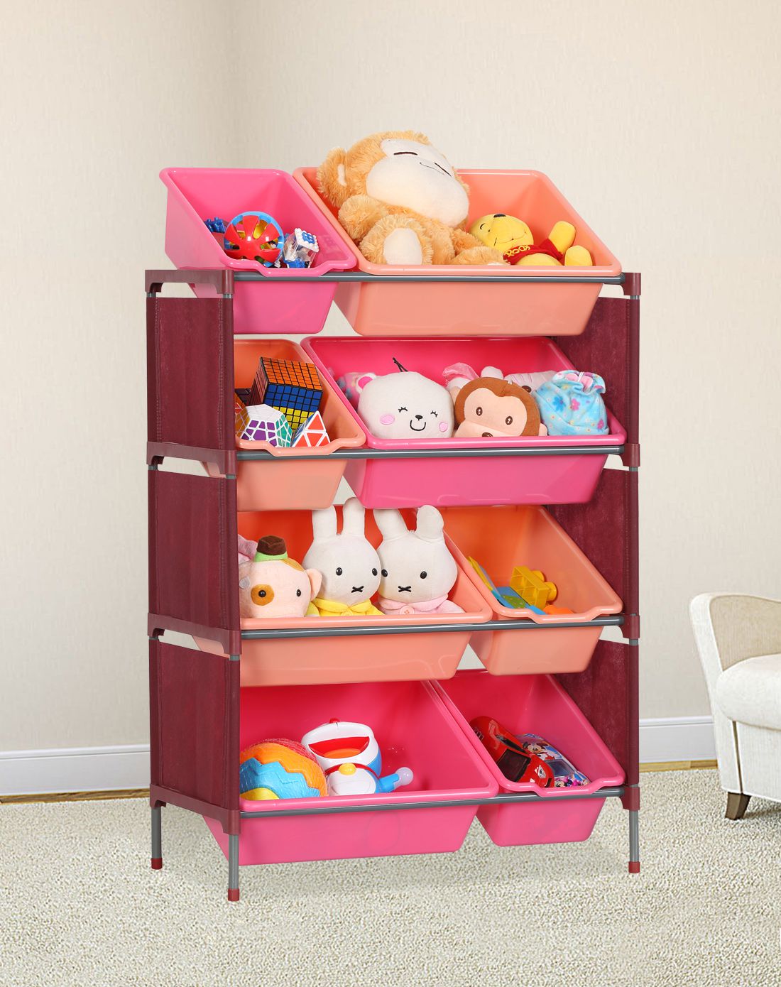 4层8格宝宝收纳玩具柜枣红