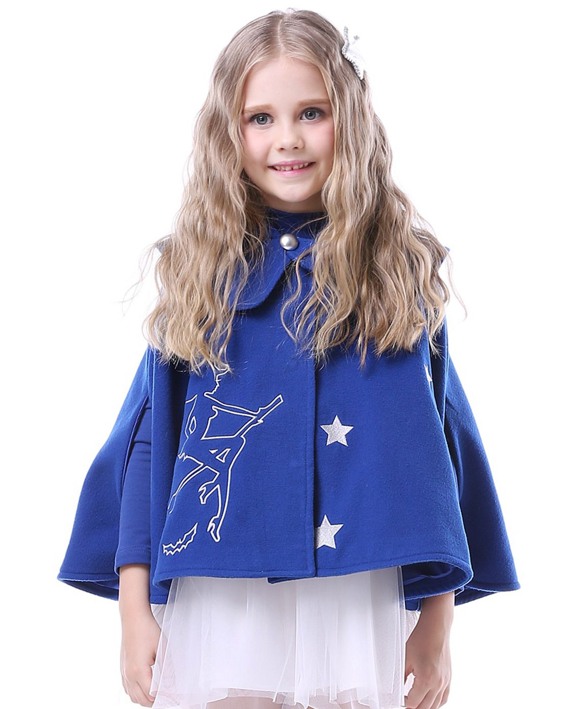 女童宝蓝小魔女斗篷风衣