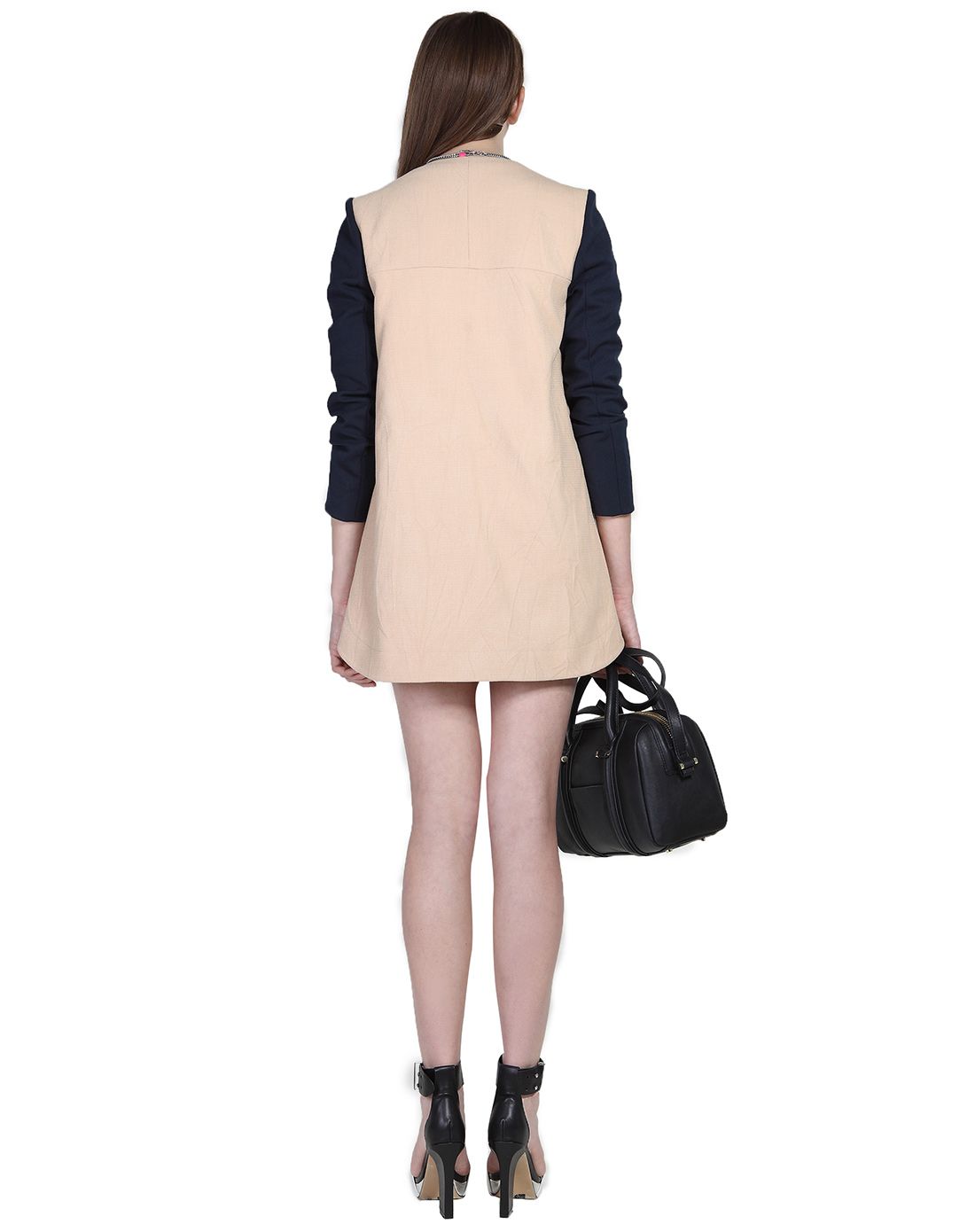 卡其/蓝色拼接简约长袖长款大衣