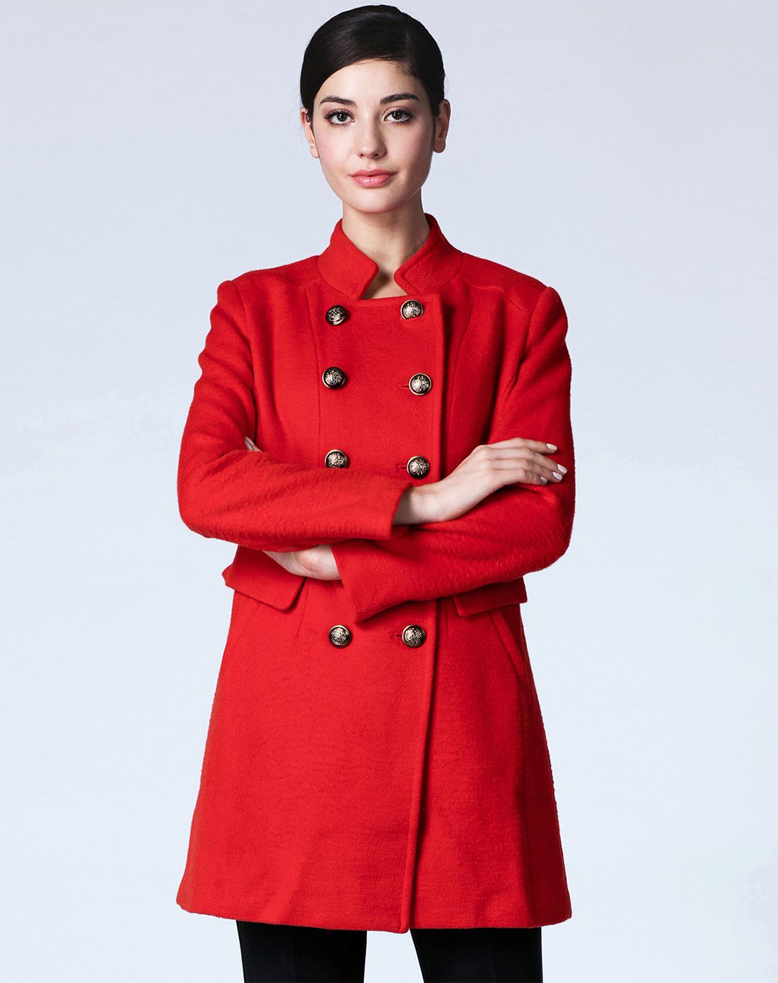 海棠红大气时尚双排扣长袖大衣