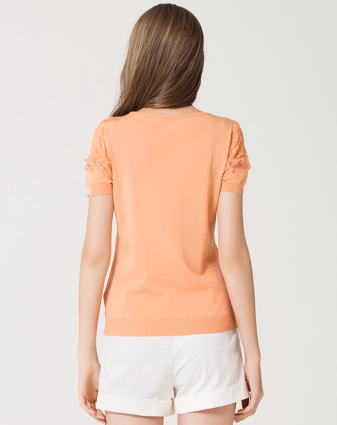 浅橘黄色淑女钉珠短袖针织衫