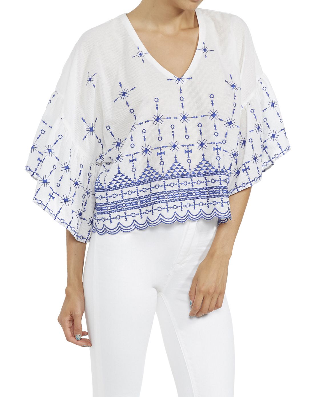 女士santorini全面春夏款蓝色印花双v领喇叭中袖宽松上衣