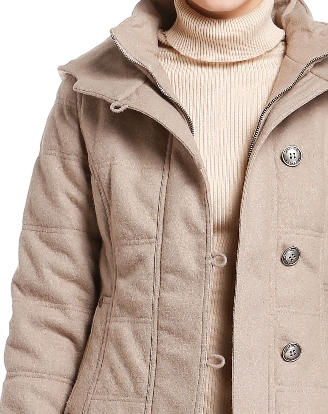 女款灰驼色连帽修身百搭长袖棉服